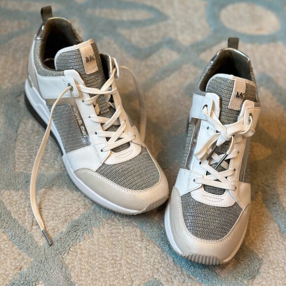 Womens 8.5 Michael Kors Georgie Glitter Chain-Mesh Leather Sneakers Lightly worn - Picture 1 of 11